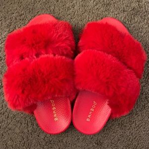 Red fur slippers